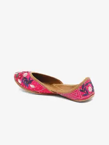 GLAM STORY Women Pink Embellished Leather Ethnic Mojaris Flats