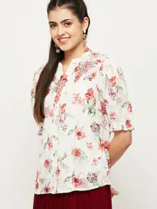 max Off-White & Pink Floral Print Mandarin Collar Shirt Style Top