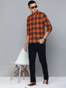 Levis Men Rust Orange And Blue Slim Fit Buffalo Checked Casual Shirt