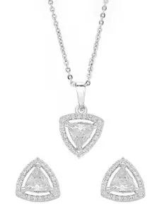 Yellow Chimes Rhodium Plated American Diamond Crystal Studded Geometric Pendant Set