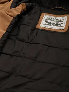 Levis Men Camel Brown Hooded Solid Padded Jacket with Zip Closure