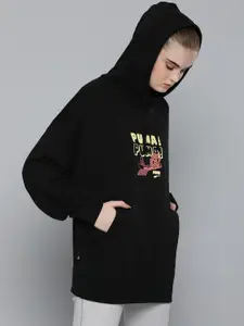 Puma Women Black Relaxed Fit Printed Downtown Graphic Hooded Oversized Sweatshirt
