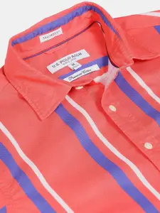 U.S. Polo Assn. U S Polo Assn Men Coral and Blue Striped 100% Cotton Casual Shirt