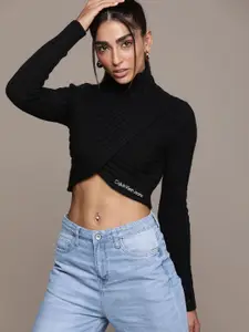 Calvin Klein Jeans Women Black Self Design Turtle-Neck Wrap Crop Pullover Sweater