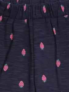 Kryptic Girls Navy Blue & Pink Strawberry Printed Shorts
