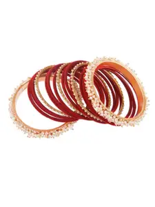 Efulgenz Red & Cream-coloured Set of 17 Faux Pearl Velvet Bangles