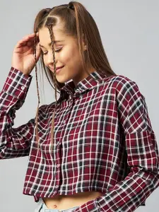 CHIMPAAANZEE Women Maroon Tartan Checked Oversized Casual Shirt