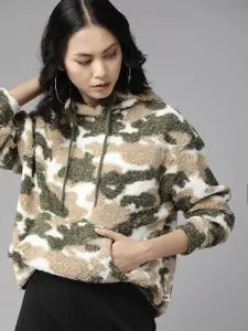 The Roadster Lifestyle Co. Women Beige & Olive Green Camouflage Sherpa Hooded Sweatshirt
