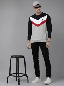 U.S. Polo Assn. Men Navy Blue Colourblocked Pure Cotton Sweatshirt