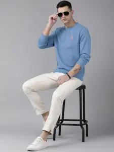 U.S. Polo Assn. Men Blue Solid Sweatshirt With Brand Logo Embroidered Detail