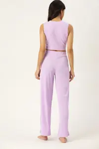 ETC Women Lavender Rib Knit Cotton Crop Top Pant Set