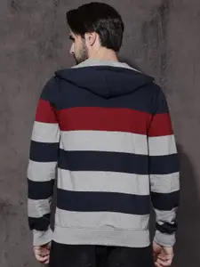 Roadster Men Navy Blue & Grey Striped Hooded Sweatshirt