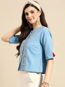 Sangria Blue & Magenta Geometric Print Mandarin Collar Roll-Up Sleeves Shirt Style Top
