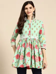 Sangria Women Sea Green & Pink Pure Cotton Floral Print Mandarin Collar Peplum Top