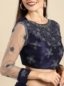 Sangria Women Navy Blue Embroidered Saree