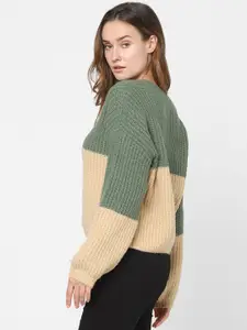 Vero Moda Women Green & Beige Colourblocked Pullover