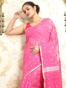 Arhi Pink & White Ethnic Motifs Silk Cotton Jamdani Saree