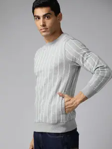Park Avenue Men Grey Melange & White Striped Sweatshirt
