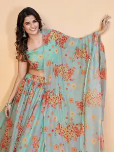 SHOPGARB Sea Green & Red Printed Semi-Stitched Lehenga & Unstitched Blouse With Dupatta