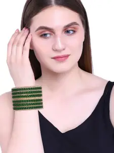 Efulgenz Set Of 20 Green & Gold-Toned CZ Crystals Studded Bangle