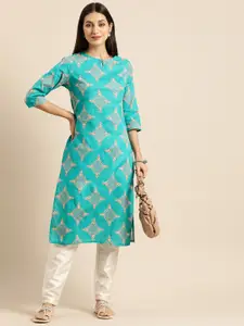 Anouk Women Blue & Pink Ethnic Motifs Printed Keyhole Neck Pure Cotton Straight Kurta