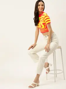 FOREVER 21 Women Coral & Fluorescent Green Printed Crop Sweater