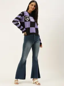 FOREVER 21 Women Purple & Black Checked Pure Cotton Pullover Sweater