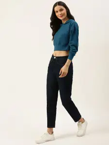 FOREVER 21 Women Teal Blue Crop Hooded Sweatshirt