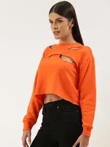 FOREVER 21 Women Orange Solid Sweatshirt with Cut Work