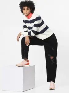 ONLY Women White & Black Striped Woolen Pullover