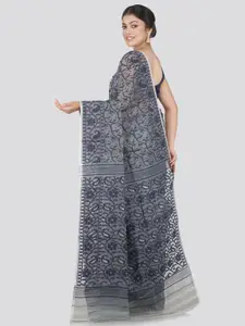 PinkLoom Grey Woven Design Pure Cotton Jamdani Saree