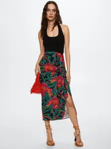 MANGO Black & Green Floral Print Midi Skirt