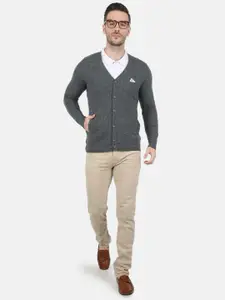 Monte Carlo Men Wool Blend Grey Self V Neck Cardigan