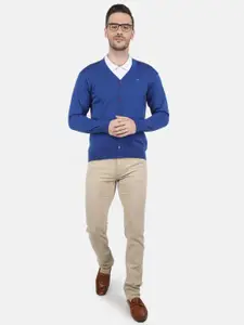 Monte Carlo Men Blue Solid Pure Wool Cardigan