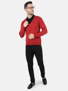 Monte Carlo Men Red  Pure Wool V-Neck Cardigan