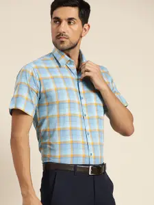 Hancock Men Blue & Yellow Slim Fit Pure Cotton Checked Formal Shirt