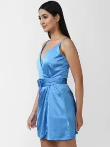 FOREVER 21 Blue Solid Mini Belted Wrap Dress