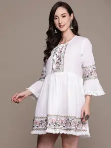 Ishin White Floral Embroidered A-Line Dress