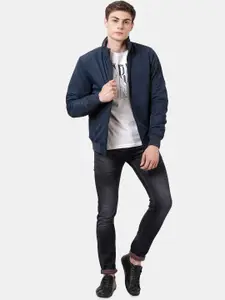 t-base Men Blue Windcheater and Water Resistant Padded Jacket