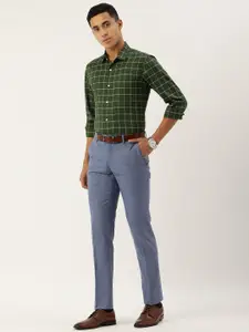 Peter England Men Green& White Grid Tattersall Checks Slim Fit Formal Shirt