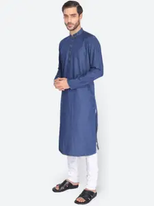 NAMASKAR Men Blue Denim Solid Kurta with Churidar