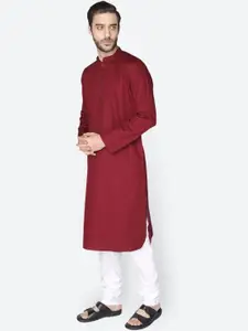 NAMASKAR Men Maroon Cotton Solid Kurta with Churidar