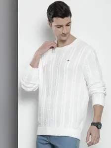 Tommy Hilfiger Men White Cable Knit Organic Cotton Pullover with Embroidered Detail