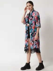 Trend Arrest Women Pink & Blue Printed Longline Shrug
