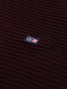 Arrow Men Burgundy Striped Self Design Acrylic Pullover