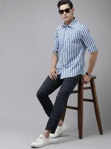 U.S. Polo Assn. Men Navy Blue Tailored Fit Vertical Stripes Pure Cotton Casual Shirt