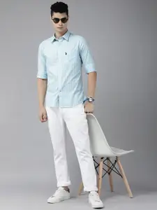 U.S. Polo Assn. Men Blue Striped Pure Cotton Tailored Fit Casual Shirt