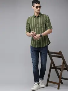 U.S. Polo Assn. Denim Co. U S Polo Assn Denim Co Men Olive Green And White Slim Fit Striped Pure Cotton Casual Shirt