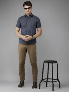 U.S. Polo Assn. U S Polo Assn Men Navy Blue & Brown Tailored Fit Tartan Checked Pure Cotton Casual Shirt