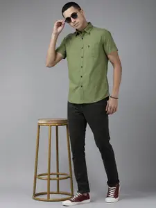 U.S. Polo Assn. Denim Co. U S Polo Assn Denim Co Men Olive Green Solid Slim Fit Pure Cotton Casual Shirt